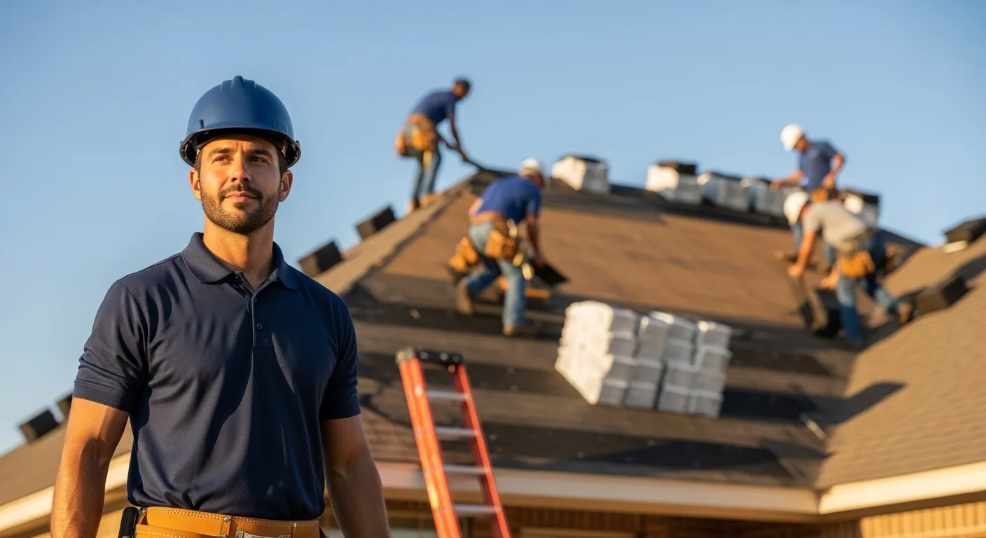 Professional roofing crew replacing a roof on a Houston home